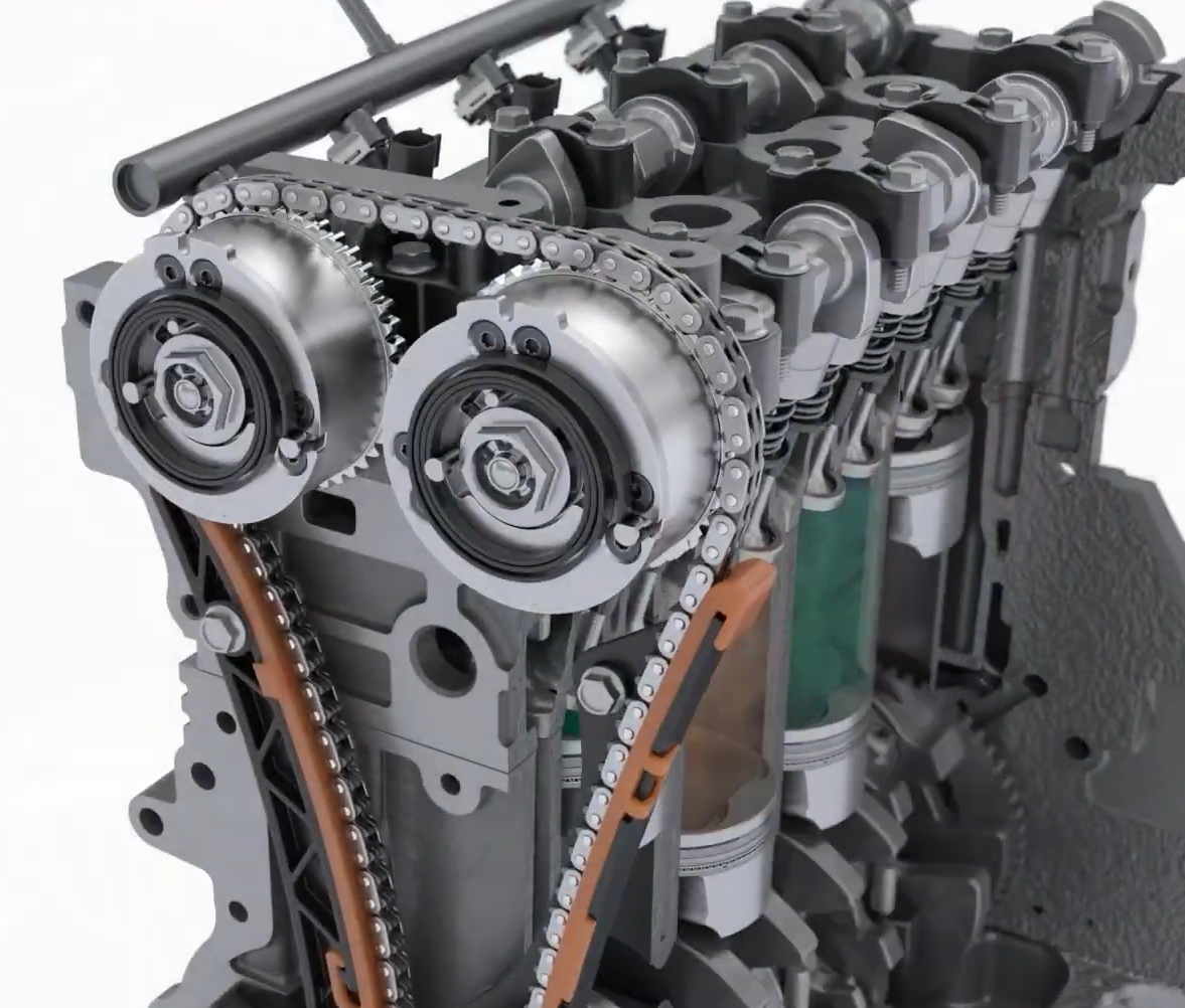 A detailed cross-section of an engine showcases twin cam phasers, chain drives, and internal components on a gray structure